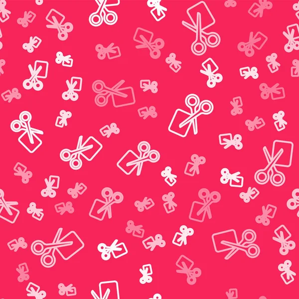 Beyaz çizgi makas, kırmızı arkaplanda izole edilmiş indirim kuponu simgesini keser. Online bir süpermarkette düşük fiyattan ya da yarı fiyatına satış yapma fikri. Vektör.