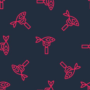 Kırmızı çizgi, kurumuş balık ikonu siyah arkaplandaki kusursuz deseni izole etti. Vektör.