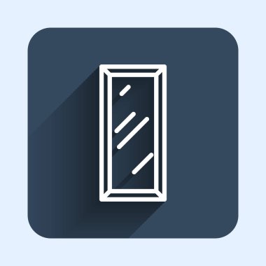 Beyaz çizgi. Yatak odası, mağazalar için büyük boy ayna. Sahne arkası ikonu. Mavi kare düğme. Vektör.