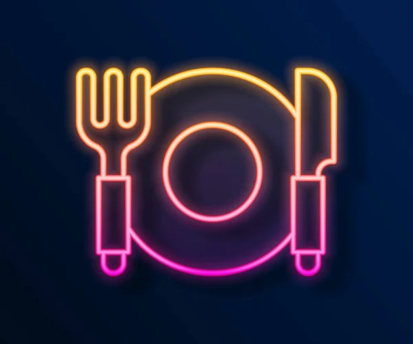 ネオンラインプレート 黒の背景に隔離されたフォークとナイフのアイコンを光る かわいいシンボル レストランの看板 ベクトル — ストックベクタ