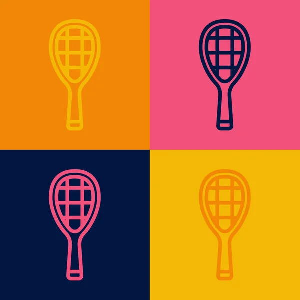 Pop Art Linie Tennisschläger Symbol Isoliert Auf Farbigem Hintergrund Sportgeräte — Stockvektor