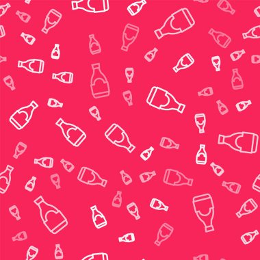 Beyaz çizgili Soya sosu şişesi ikonu kırmızı arka planda izole edilmiş. Vektör.