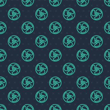 Yeşil hat dış tekne motor ikonu mavi arka planda izole edilmiş. Tekne motoru. Vektör.