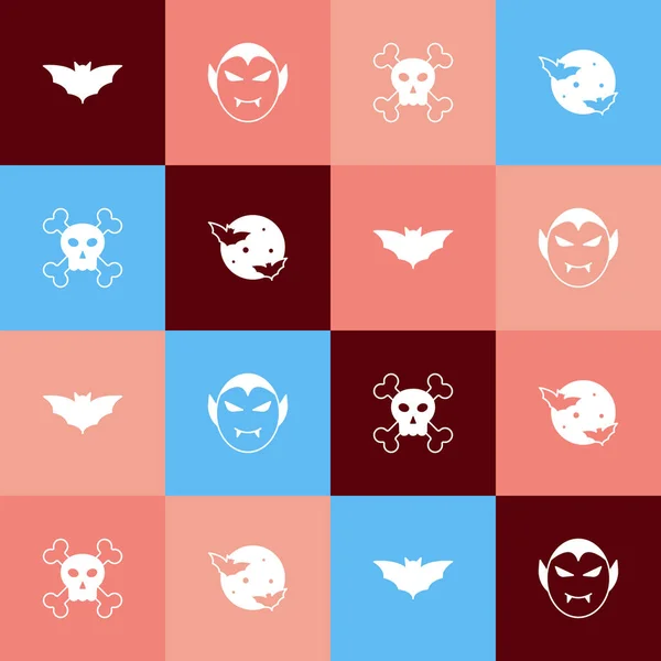 Set Pop Art Flying Bat Vampire Skull Crossbones Moon Stars — Vector de stock