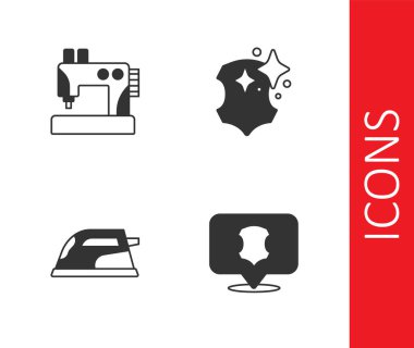 Deri dikiş makinesini elektrikli ütü ve ikon olarak ayarla. Vektör.