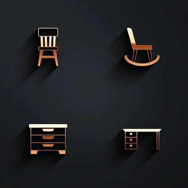 Definir Cadeira Poltrona Caixa Gavetas Ícone Mesa Escritório Com Sombra — Vetor de Stock