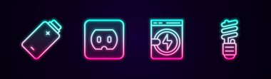 Hattı şarj et. Elektrik prizi, çamaşır makinesi ve LED ampulü. Parlayan neon ikonu. Vektör.