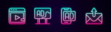 Görüntü reklamcılığı, mail ve e-posta hattı ayarlayın. Parlayan neon ikonu. Vektör.
