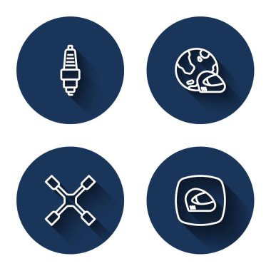 Araba bujisi yarış kaskı İngiliz anahtarı ve uzun gölgeli ayarlayın. Mavi daire düğmesi. Vektör.