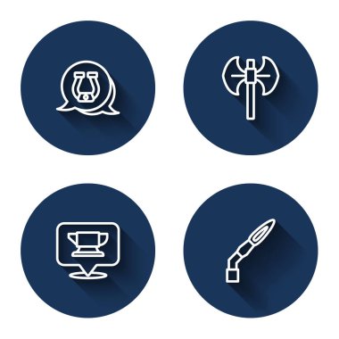 At nalı ortaçağ kutup baltası demirci örs aleti ve uzun gölgeli kaynak meşalesi. Mavi daire düğmesi. Vektör.