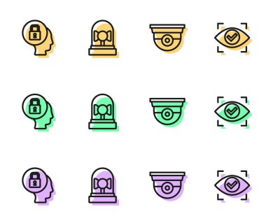 Güvenlik kamerası kilidini alarm zilini ve göz tarama simgesini ayarla. Vektör.