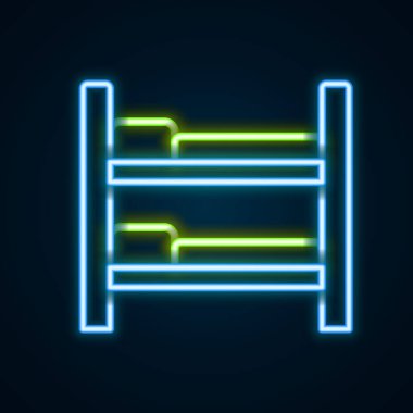 Parlayan neon çizgisi Bunk yatak simgesi siyah arkaplanda izole edildi. Renkli taslak konsepti. Vektör.