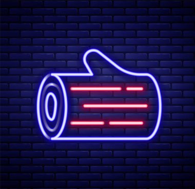 Parlayan neon hattı tahta kütük simgesi tuğla duvar arka planında izole edildi. Yakacak odun yığını. Renkli taslak konsepti. Vektör.