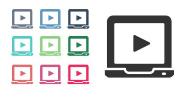 Siyah Online video oynatma simgesi beyaz arkaplanda izole edildi. Dizüstü bilgisayar ve oyun işaretli film şeridi. Simgeleri renklendirin. Vektör.