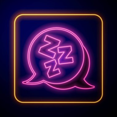 Parlayan neon renkli uykulu simgesi siyah arkaplanda izole edildi. Uykucu Zzzz konuşma balonu. Vektör.