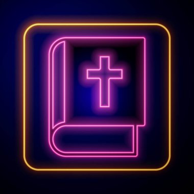 Siyah arka planda izole edilmiş parlak neon kutsal kitap ikonu. Vektör.