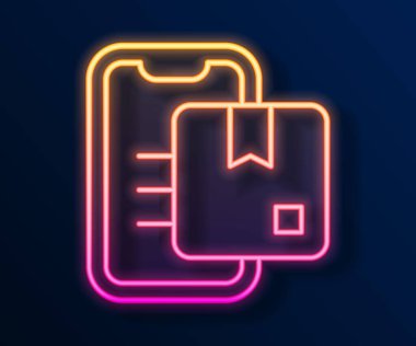 Parlayan neon hattı Belge izleme sistemi simgesi siyah arkaplanda izole edildi. Paket takibi. Vektör.