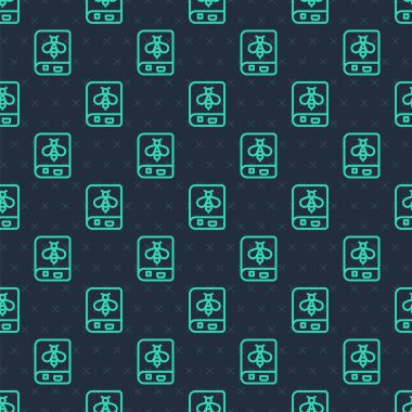 Arı ikonu hakkındaki yeşil çizgi kitabı mavi arka planda izole edilmiş kusursuz desen. Tatlı doğal yemek. Bal arısı ya da kanat sembollü apis. Uçan böcek. Vektör.