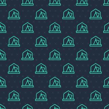 Yeşil çizgi turist çadırı ikonu mavi arka planda izole edilmiş pürüzsüz desen. Kamp sembolü. Vektör.