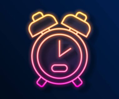Parlayan neon hattı alarm saati simgesi siyah arkaplanda izole edildi. Uyan, kalk konsepti. Zaman işareti. Vektör.