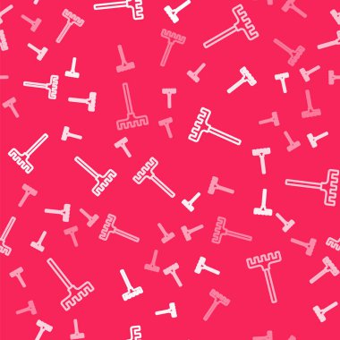 Beyaz çizgili bahçe tırmık ikonu kırmızı arka planda izole edilmiş pürüzsüz desen. Bahçecilik, tarım, çiftçilik aleti. Toprak işçisi. Temizlik ekipmanları. Vektör.