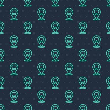 Yeşil çizgi dişçi kliniği konumu ikonu mavi arka planda izole edilmiş pürüzsüz desen. Vektör.