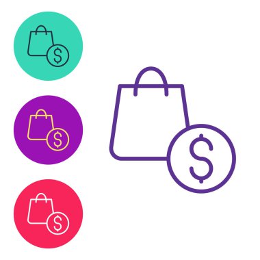 Alışveriş torbası ve dolar simgesi beyaz arka planda izole edildi. El çantası işareti. Kadın çanta ikonu. Kadın el çantası işareti. Simgeleri renklendirin. Vektör.