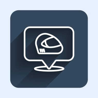 Beyaz çizgi yarış miğferi ikonu uzun gölge arkaplanı ile izole edildi. Olağanüstü bir spor. Spor malzemeleri. Mavi kare düğme. Vektör.