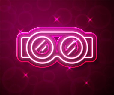 Parlayan neon çizgisi kaynak gözlüğü simgesi kırmızı arkaplanda izole edildi. Koruyucu giysi ve alet işçisi. Vektör.