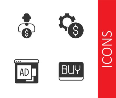 Buy düğmesi ticari yatırımcı reklamını ve Gear 'ı dolar sembolü simgesiyle ayarla. Vektör.