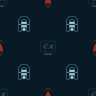 Balıkçı yemi balıkçılığını ve motorlu şişme tekneyi kusursuz şekilde ayarlayın. Vektör.