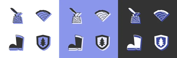 设置盾牌与树木斧在树桩防水橡胶靴和横梁图标 — 图库矢量图片