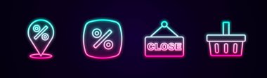 Satır Konumunu% İndirimli etiket asma işaretli metin Kapalı ve Alışveriş Sepeti ile ayarla. Parlayan neon ikonu. Vektör.