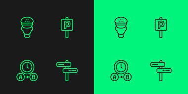 Yol trafik işaretini ayarla. Taksi şoförü ve park simgesi. Vektör.