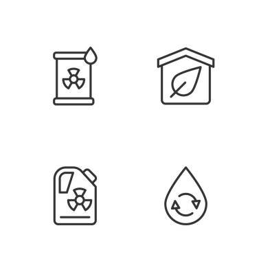 Geri Dönüşüm Hattı temiz su radyoaktif atıkları varilde ve çevre dostu ev simgesinde ayarla. Vektör.