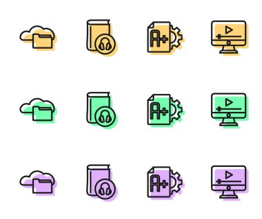 Sınav kağıdını A + dereceli Bulut veya çevrimiçi kitaplık Audio book ve Online video simgesi ile ayarla. Vektör.