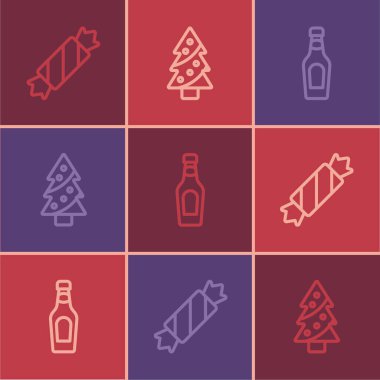 Şeker Şampanyası şişesi ve Noel ağacı ikonu. Vektör.