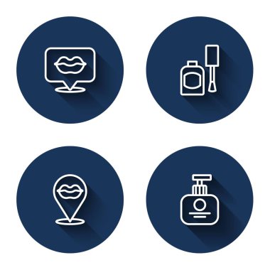 Gülümseyen dudaklar, tırnak cilası şişesi ve uzun gölgeli tüp el kremi. Mavi daire düğmesi. Vektör.