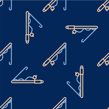 Olta çubuğu simgesi mavi arkaplanda izole edilmiş. Büyük bir balık yakala. Balıkçılık ekipmanları ve balık çiftliği konuları. Vektör.