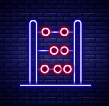 Parlayan neon hattı Abaküs simgesi tuğla duvar arkasında izole edildi. Geleneksel sayım çerçevesi. Eğitim işareti. Matematik okulu. Renkli taslak konsepti. Vektör.