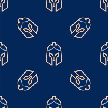 Line Roman army helmet icon isolated seamless pattern on blue background. Vector.