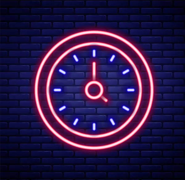 Glowing Neon Line Clock Icon Isolated Brick Wall Background Time — Stock Vector