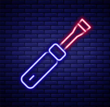 Parlayan neon hattı tornavida simgesi tuğla duvar arka planında izole edildi. Servis aracı sembolü. Renkli taslak konsepti. Vektör.