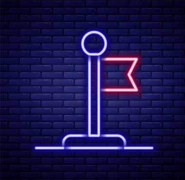 Parlayan neon hattı bayrak simgesi tuğla duvar arka planında izole edildi. Zafer, kazanmak ve zorluk konseptini fethetmek. Renkli taslak konsepti. Vektör.