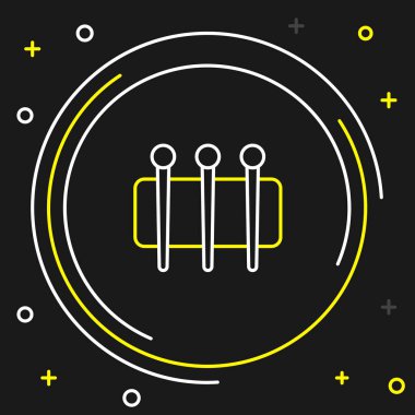 Simge dikmek için çizgi iğnesi siyah arkaplanda izole edildi. Terzi sembolü. Tekstil el sanatları tabelasını diker. Nakış aletleri. Renkli taslak konsepti. Vektör.