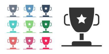 Beyaz arka planda siyah ödül kupa simgesi izole. Galibiyet ödülü sembolü. Şampiyonluk ya da yarışma kupası. Spor başarısı işareti. Simgeleri renklendirin. Vektör.