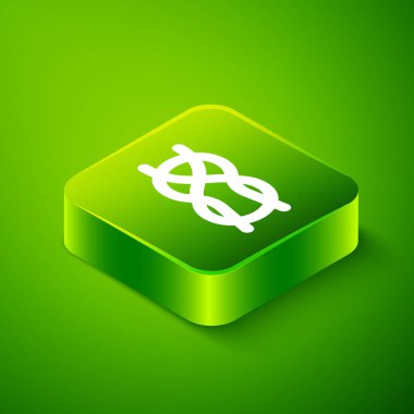 Yeşil arkaplanda izole edilmiş Isometric Denizcilik halat düğümleri simgesi. İp düğümlendi. Yeşil kare düğmesi. Vektör.