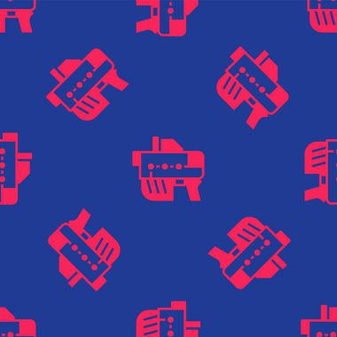 Kırmızı Futuristik uzay silahı imha ikonu mavi arka planda kusursuz desen izole etti. Lazer tabancası. Uzaylı silahı. Vektör.