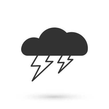 Gri Fırtına simgesi beyaz arkaplanda izole edildi. Bulut ve şimşek işareti. Fırtınanın hava durumu ikonu. Vektör.