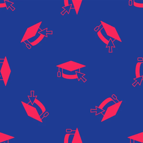 Red Graduation Cap Met Cursor Pictogram Geïsoleerd Naadloos Patroon Blauwe — Stockvector